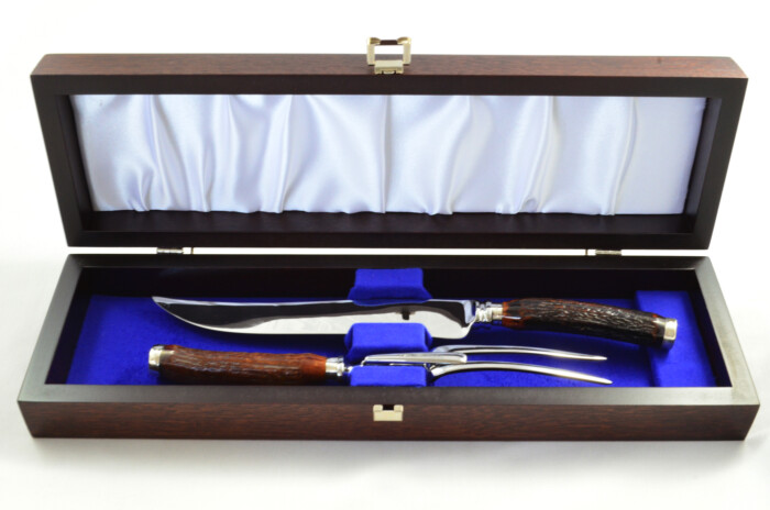 Sheffield Walker & Hall Horn Handled 2 Piece Carving Set - Solid Silver Cap & Ferrule 1923