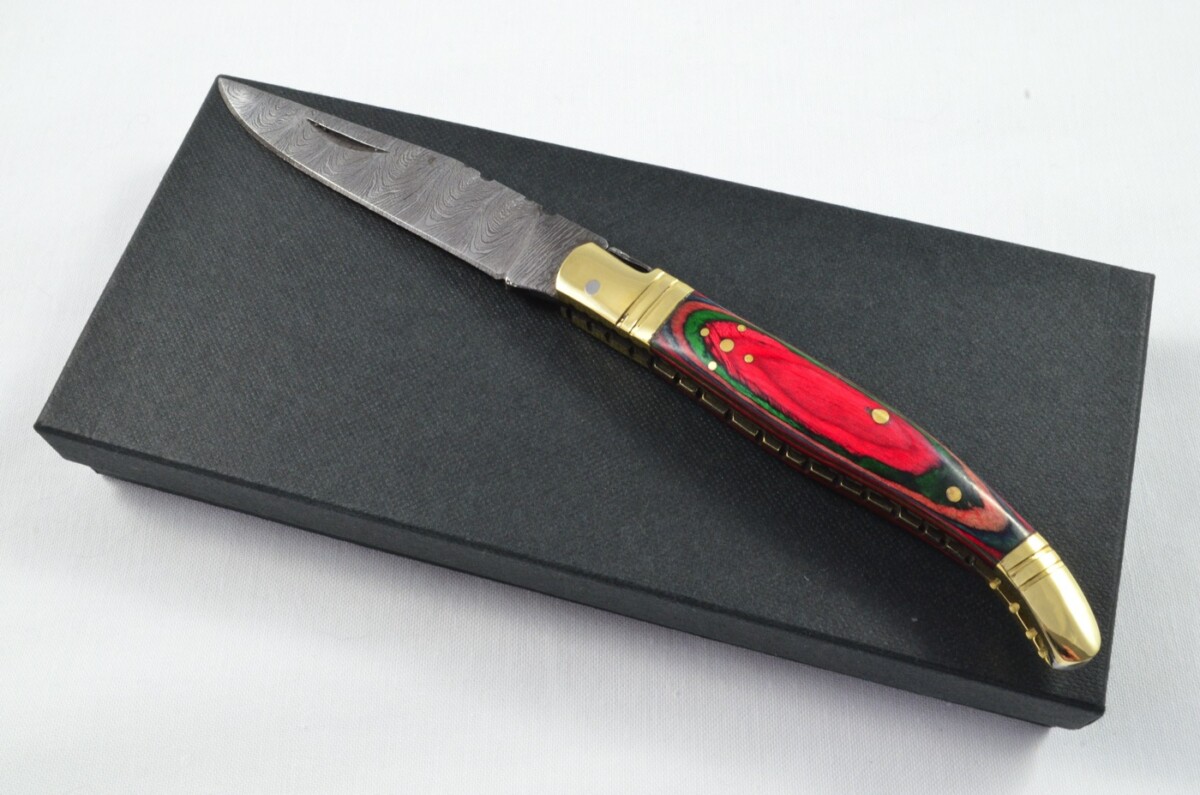 A Brand New Laguiole Style Folding / Pen Knife Rainbow Laminate Wood Scales - Damascus Steel Blade