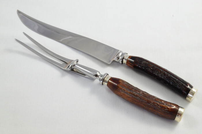 Sheffield Walker & Hall Horn Handled 2 Piece Carving Set - Solid Silver Cap & Ferrule 1923 - Image 2