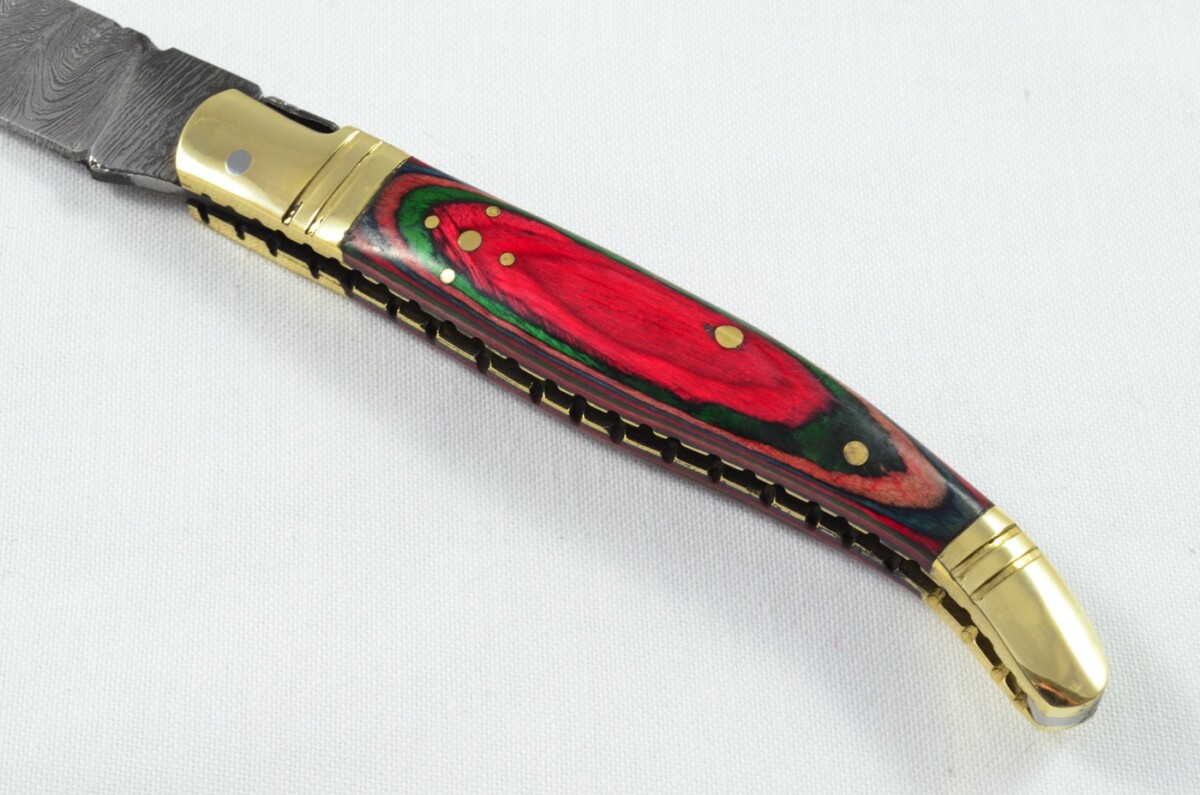 A Brand New Laguiole Style Folding / Pen Knife Rainbow Laminate Wood Scales - Damascus Steel Blade - Image 4