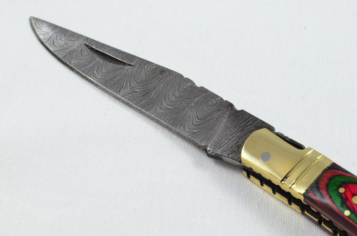 A Brand New Laguiole Style Folding / Pen Knife Rainbow Laminate Wood Scales - Damascus Steel Blade - Image 5