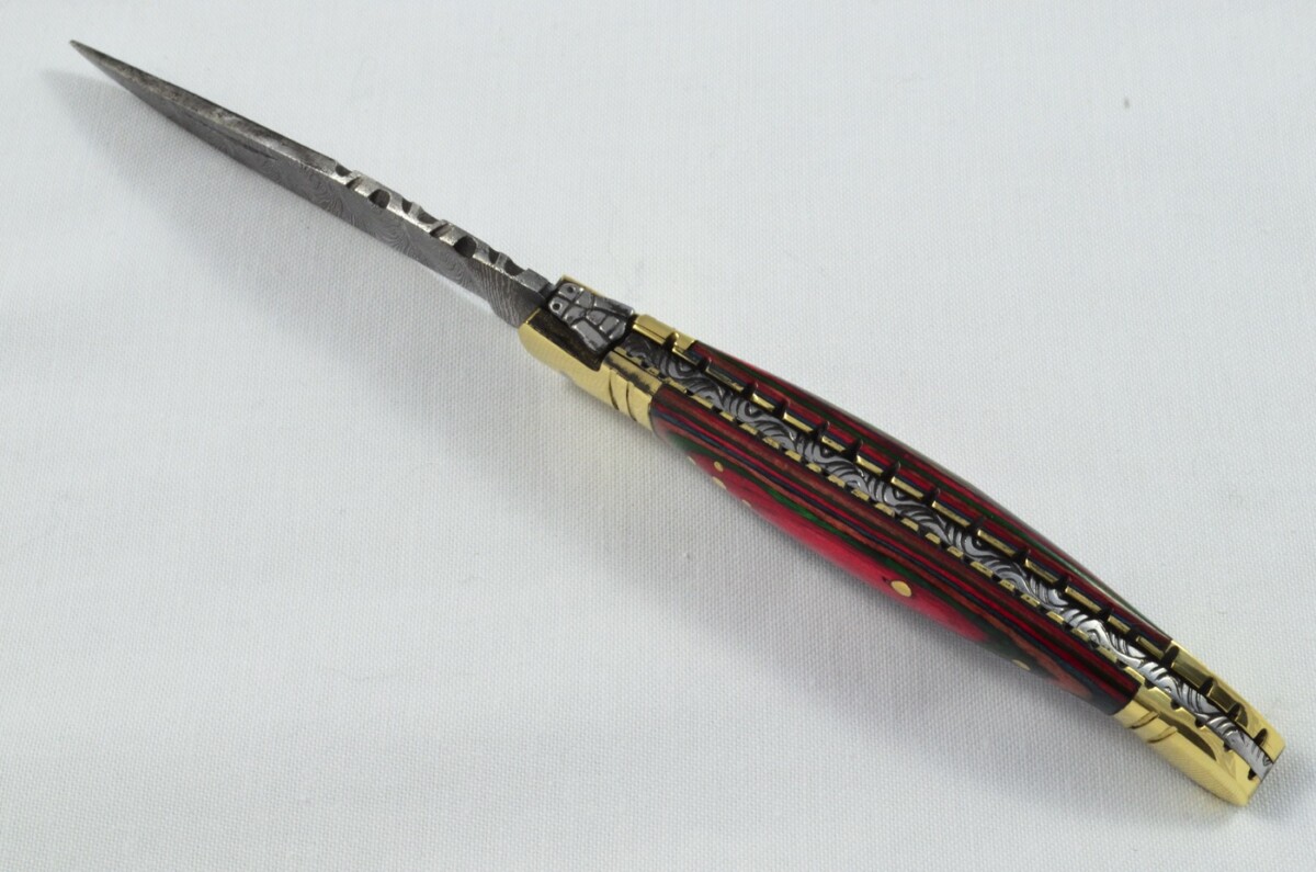 A Brand New Laguiole Style Folding / Pen Knife Rainbow Laminate Wood Scales - Damascus Steel Blade - Image 6