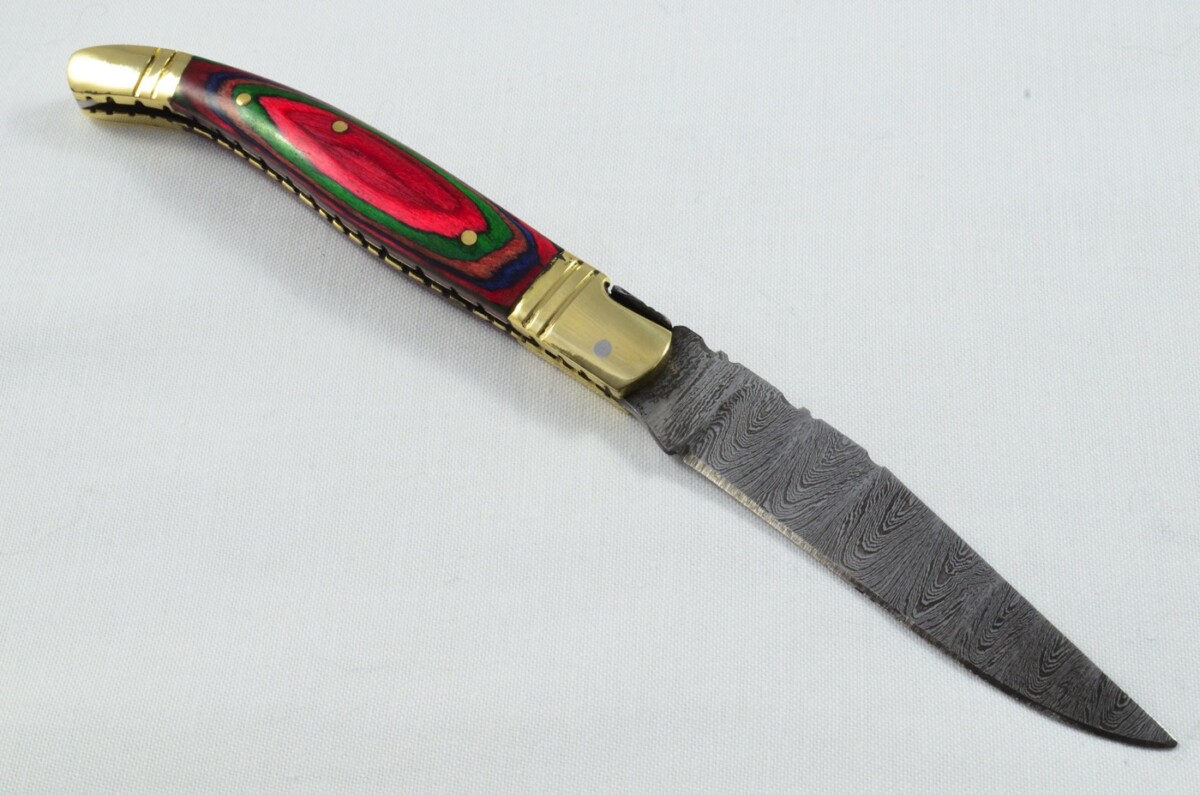 A Brand New Laguiole Style Folding / Pen Knife Rainbow Laminate Wood Scales - Damascus Steel Blade - Image 8