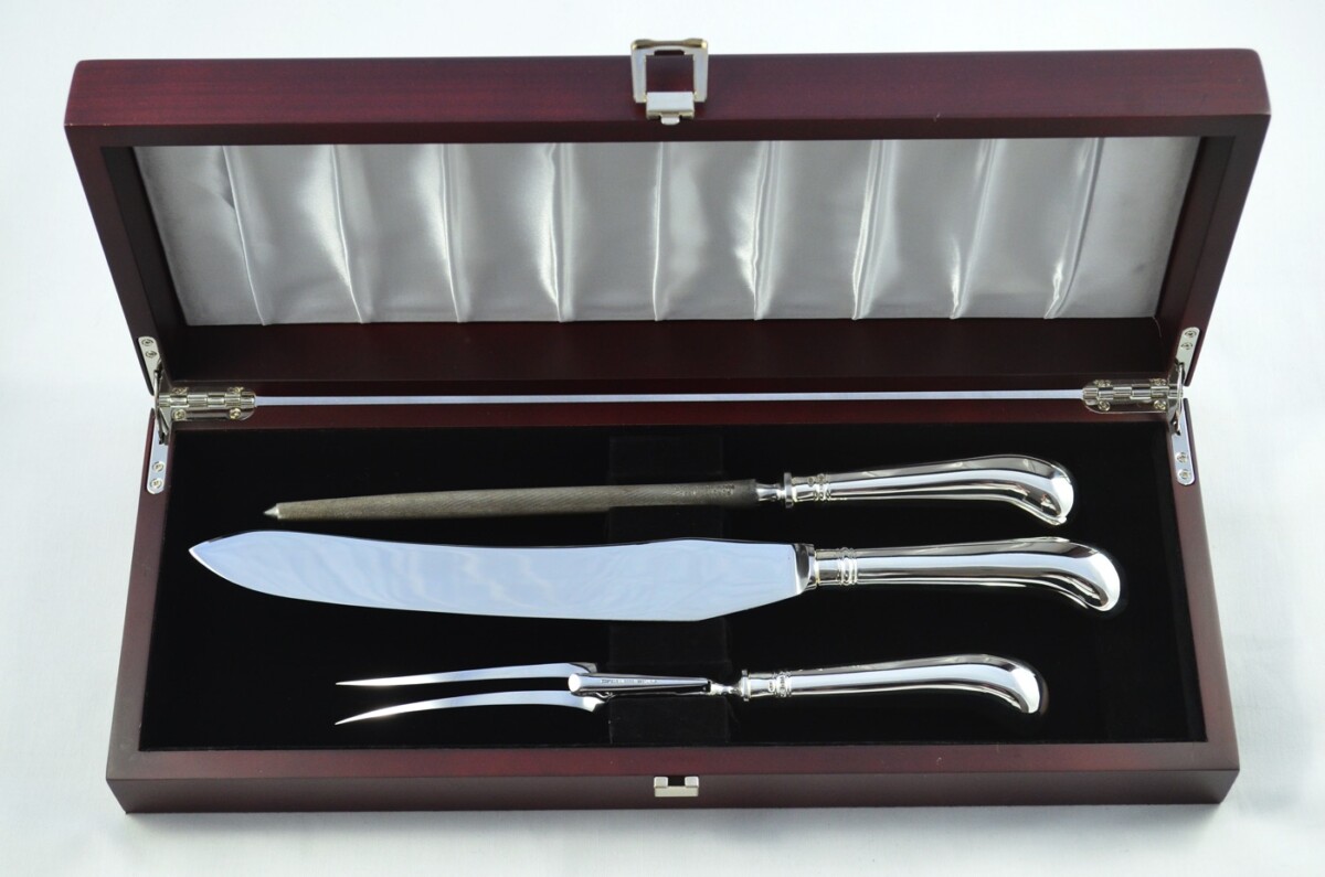 London C.W Fletcher Cased Sterling Silver Handled 3 Piece Carving Set Plain Pistol Pattern 1973