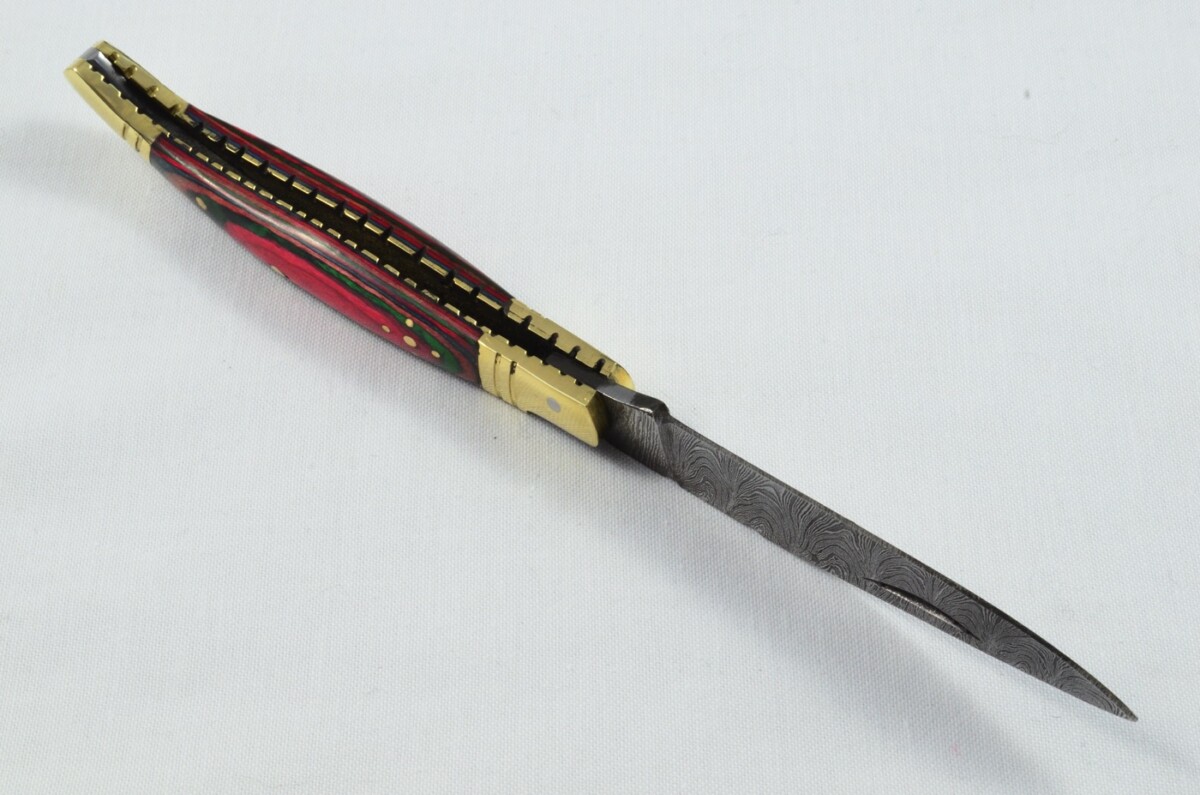 A Brand New Laguiole Style Folding / Pen Knife Rainbow Laminate Wood Scales - Damascus Steel Blade - Image 7