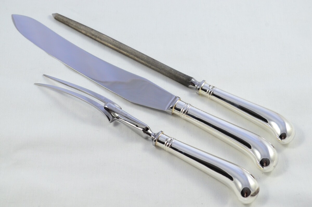 London C.W Fletcher Cased Sterling Silver Handled 3 Piece Carving Set Plain Pistol Pattern 1973 - Image 2
