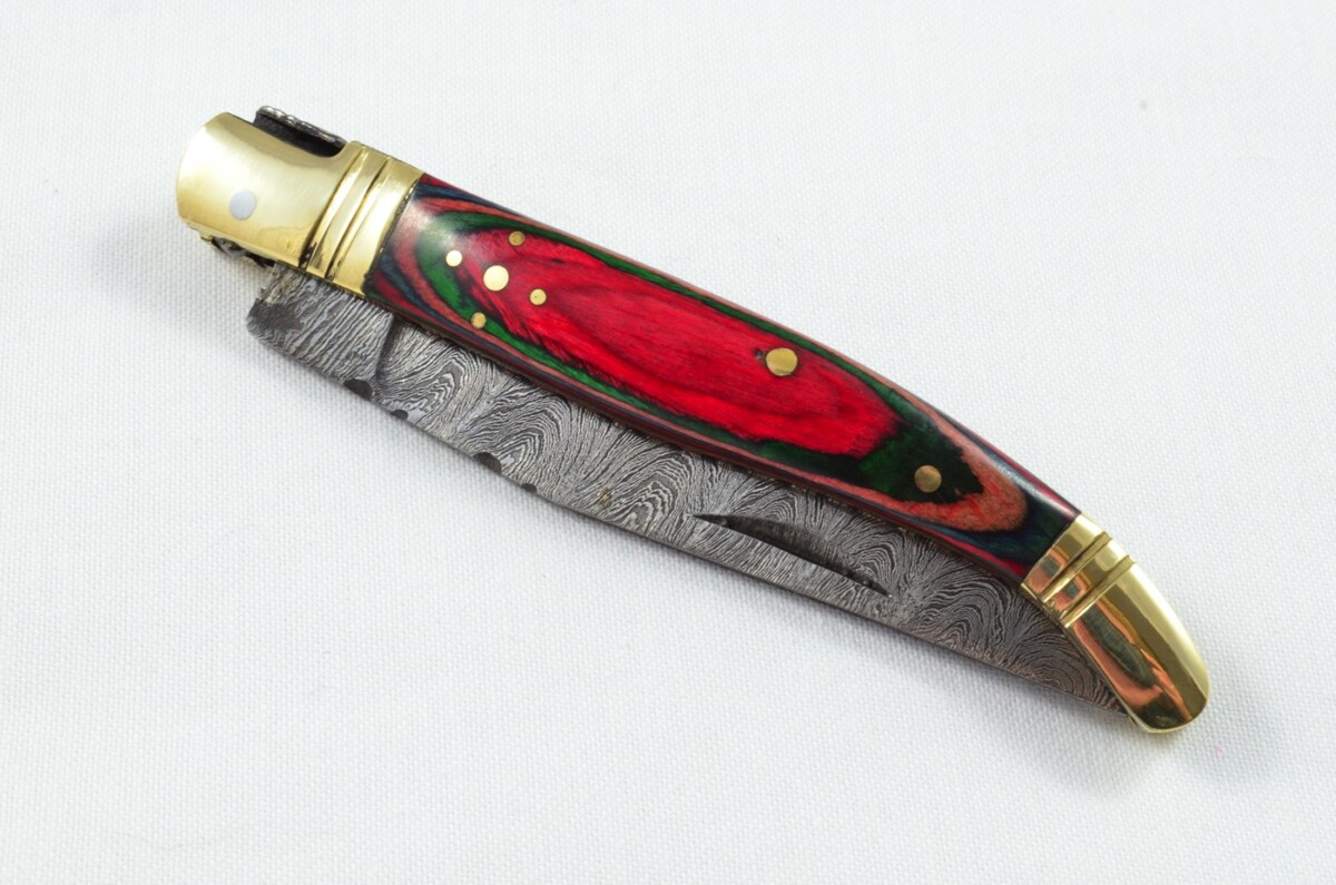 A Brand New Laguiole Style Folding / Pen Knife Rainbow Laminate Wood Scales - Damascus Steel Blade - Image 2