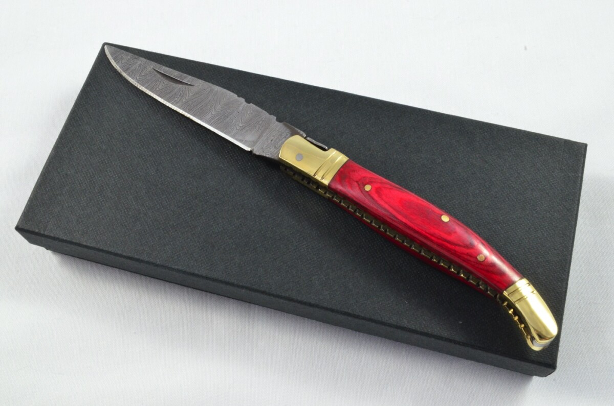 A Brand New Laguiole Style Folding / Pen Knife Red Laminate Wood Scales - Damascus Steel Blade