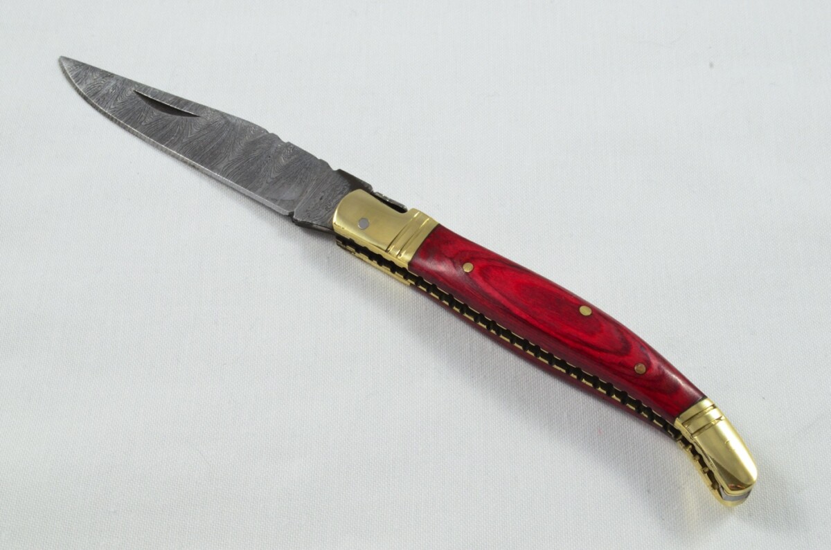 A Brand New Laguiole Style Folding / Pen Knife Red Laminate Wood Scales - Damascus Steel Blade - Image 3
