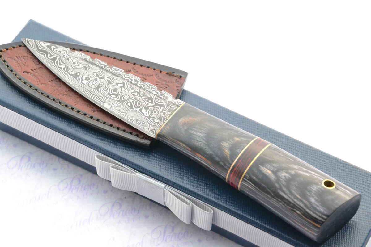 The Thin Red Line ! Scottish Sgian Dubh Damascus Steel Made in Sheffield England Superior Sheath inc Presentation box FOR THE PIPERS !!!!!