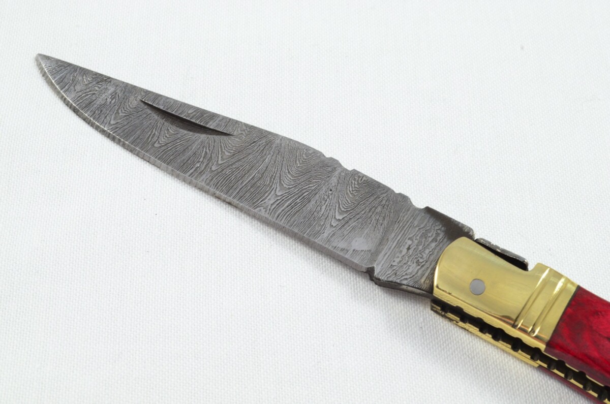 A Brand New Laguiole Style Folding / Pen Knife Red Laminate Wood Scales - Damascus Steel Blade - Image 5