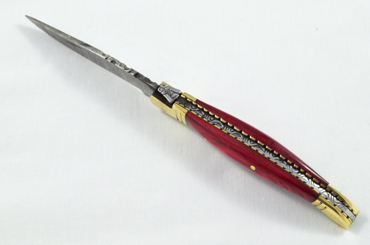 A Brand New Laguiole Style Folding / Pen Knife Red Laminate Wood Scales - Damascus Steel Blade - Image 8