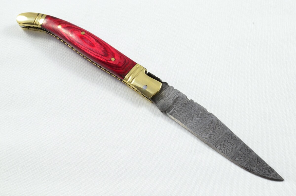 A Brand New Laguiole Style Folding / Pen Knife Red Laminate Wood Scales - Damascus Steel Blade - Image 7