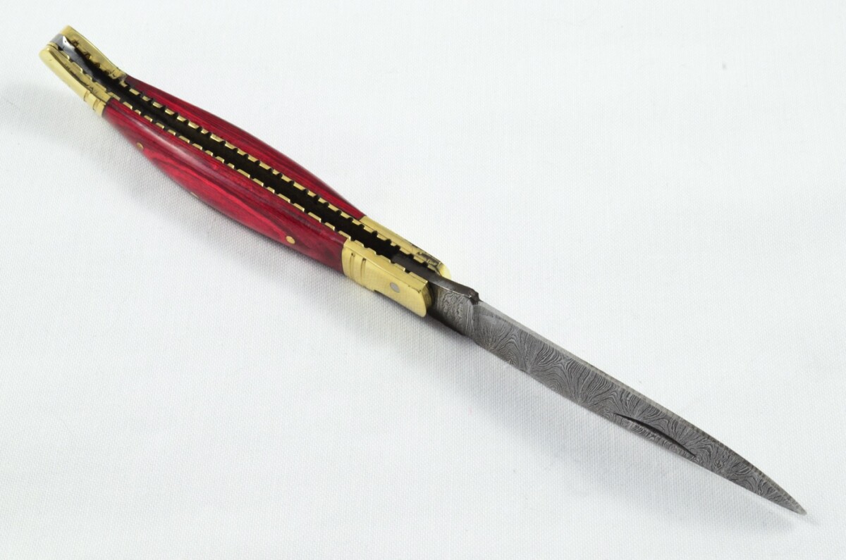 A Brand New Laguiole Style Folding / Pen Knife Red Laminate Wood Scales - Damascus Steel Blade - Image 6