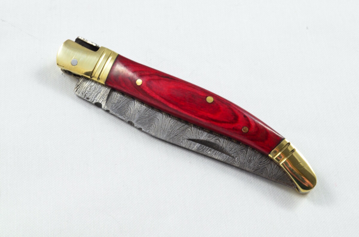 A Brand New Laguiole Style Folding / Pen Knife Red Laminate Wood Scales - Damascus Steel Blade - Image 2