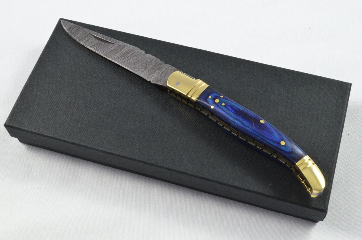A Brand New Laguiole Style Folding / Pen Knife Blue Laminate Wood Scales - Damascus Steel Blade