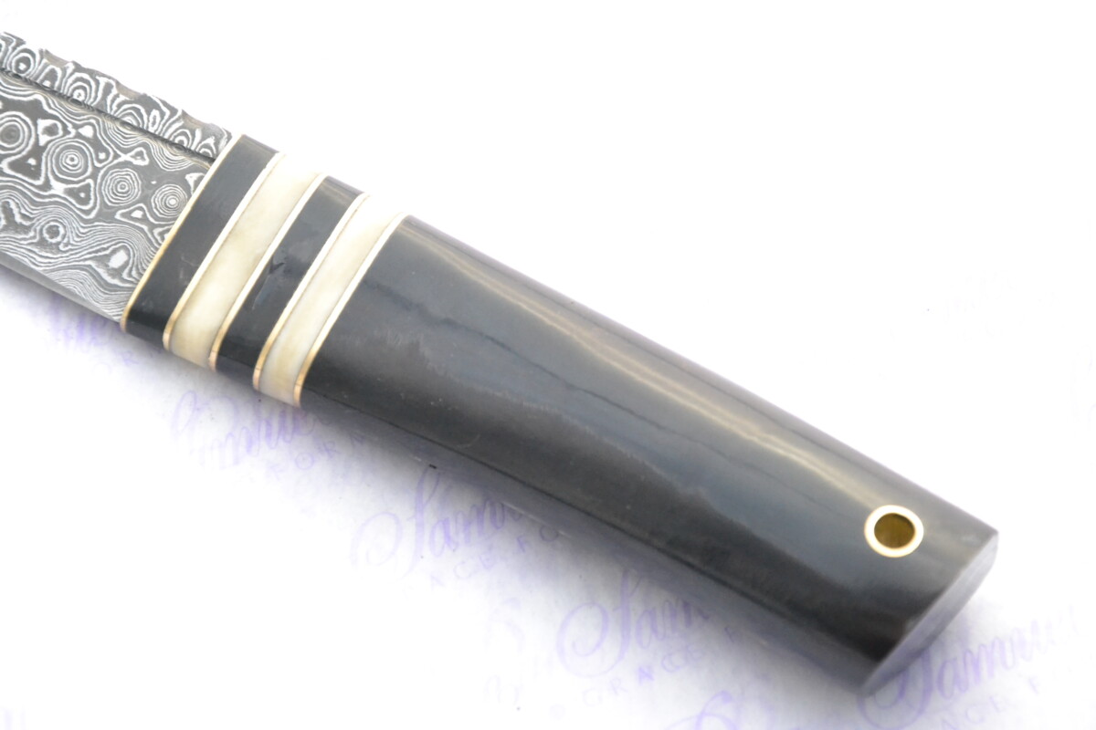 New Fantastic Genuine Buffalo & Camel Bone Handle Sgian Dubh Damascus Steel Made in Sheffield England Superior Sheath inc Presentation box - Image 4