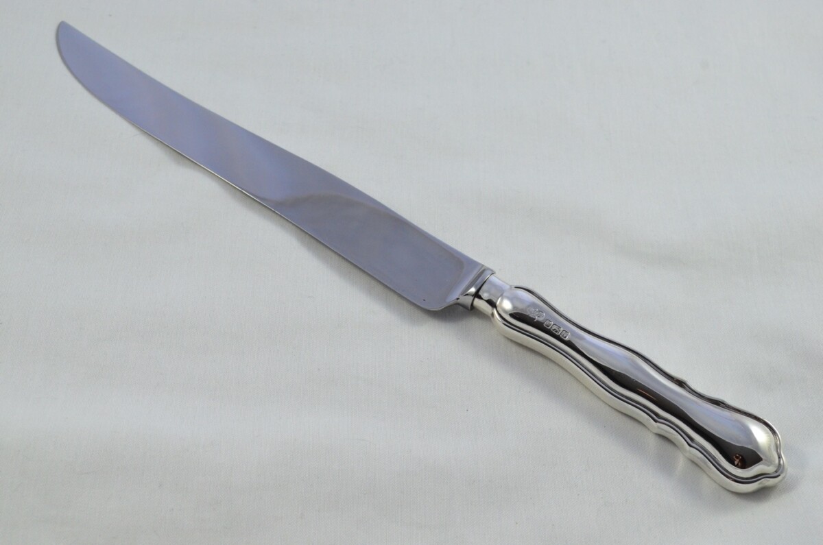 Incredibly RARE Harrods Cased Sterling Silver Handled 3 Piece Carving Set Old Chippendale Pattern 1976 - Image 5
