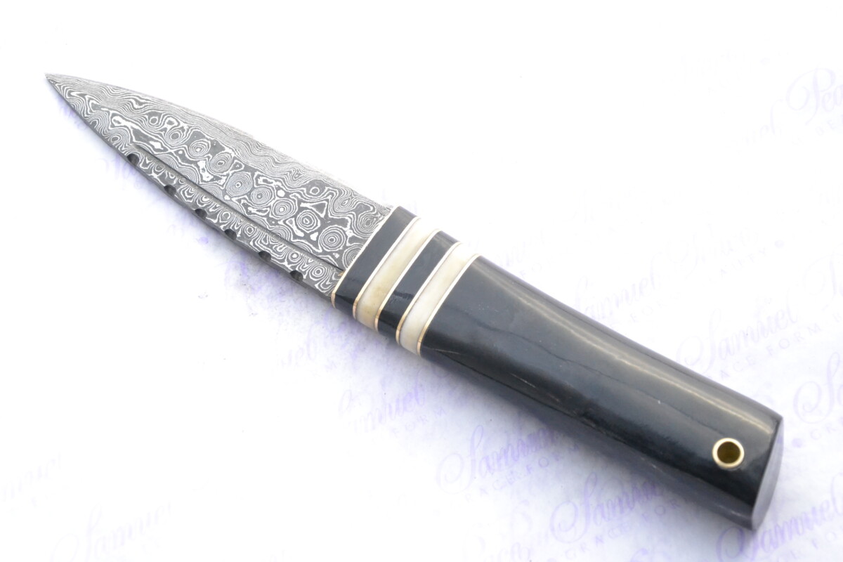 New Fantastic Genuine Buffalo & Camel Bone Handle Sgian Dubh Damascus Steel Made in Sheffield England Superior Sheath inc Presentation box - Image 6