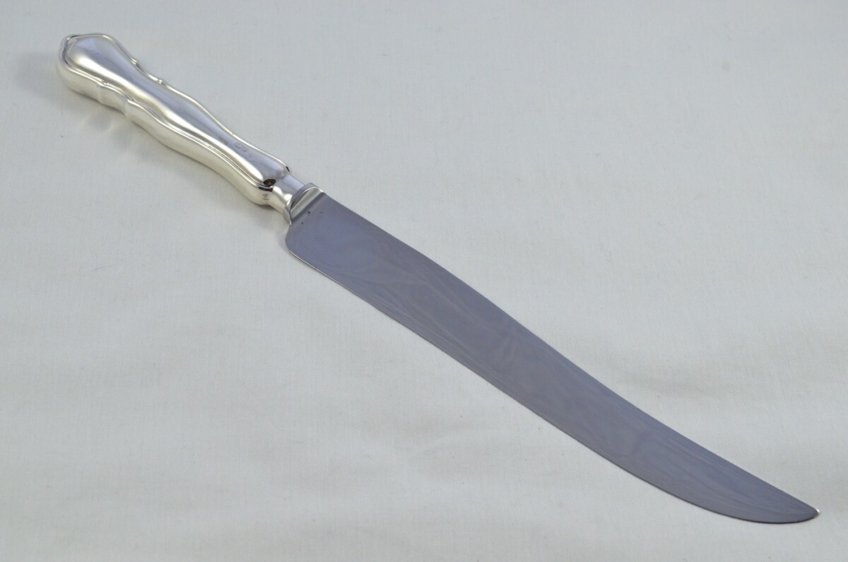 Incredibly RARE Harrods Cased Sterling Silver Handled 3 Piece Carving Set Old Chippendale Pattern 1976 - Image 6