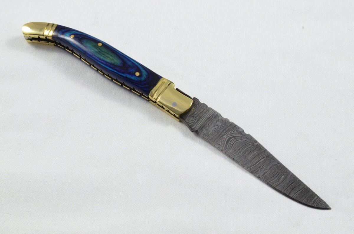 A Brand New Laguiole Style Folding / Pen Knife Blue Laminate Wood Scales - Damascus Steel Blade - Image 6