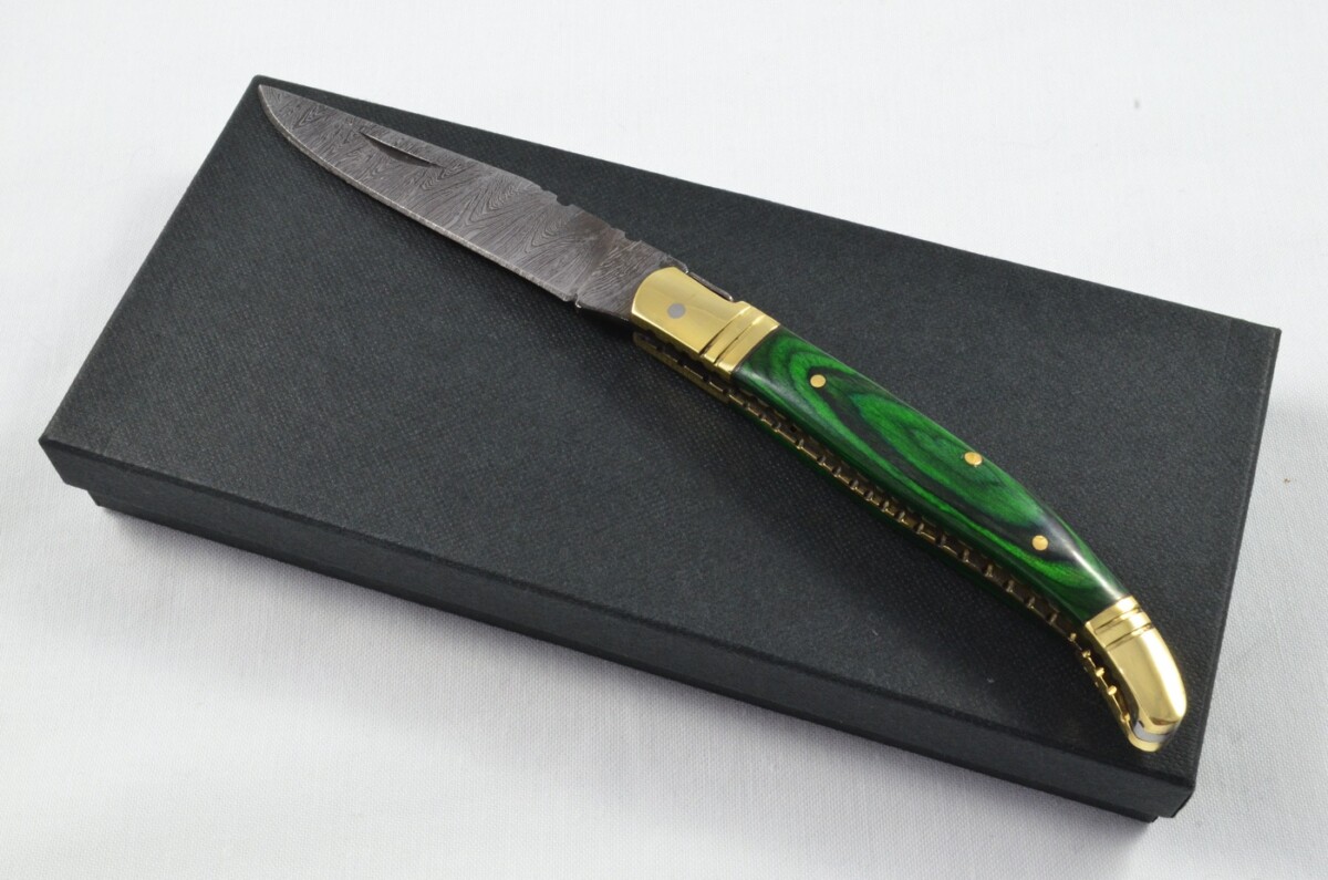 A Brand New Laguiole Style Folding / Pen Knife Green Laminate Wood Scales - Damascus Steel Blade