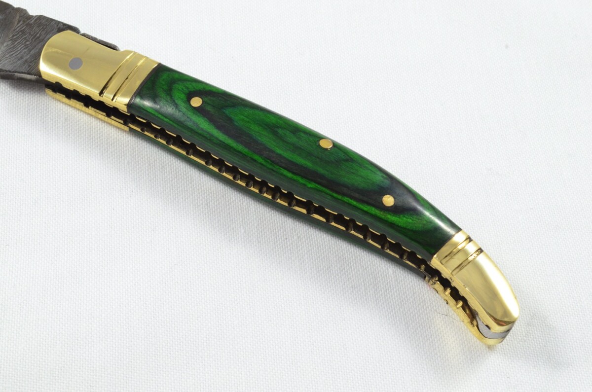 A Brand New Laguiole Style Folding / Pen Knife Green Laminate Wood Scales - Damascus Steel Blade - Image 6