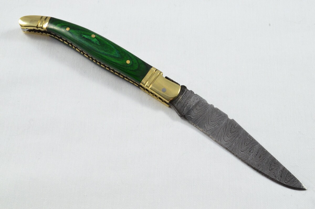A Brand New Laguiole Style Folding / Pen Knife Green Laminate Wood Scales - Damascus Steel Blade - Image 4