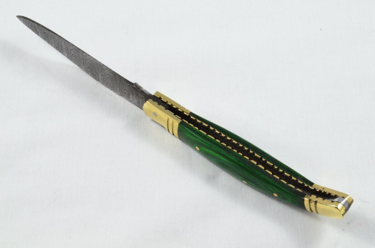 A Brand New Laguiole Style Folding / Pen Knife Green Laminate Wood Scales - Damascus Steel Blade - Image 8