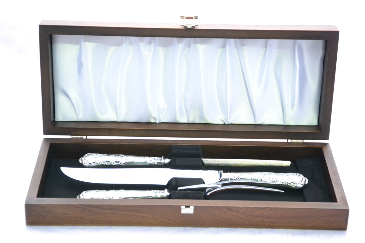 Mappin & Webb Genuine Sterling Silver Handle 3 Piece Carving Set Cased In Queens Pattern and Made In Sheffield England 1916
