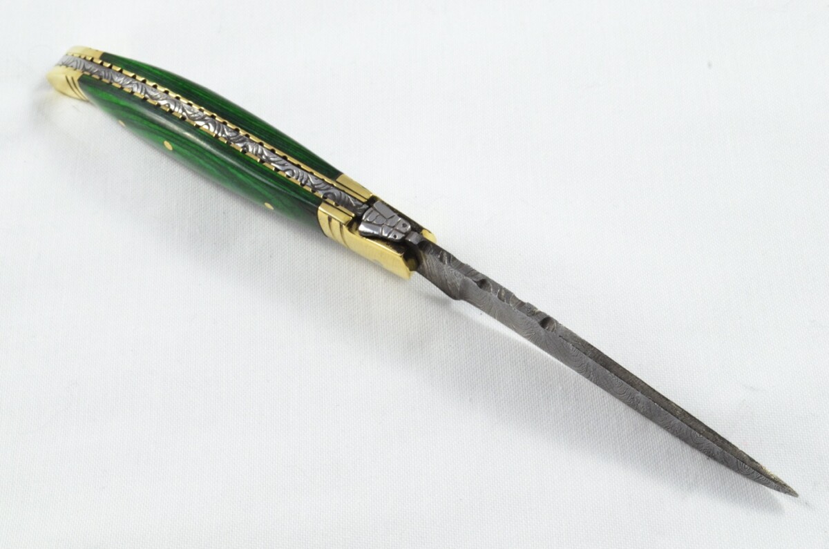 A Brand New Laguiole Style Folding / Pen Knife Green Laminate Wood Scales - Damascus Steel Blade - Image 7