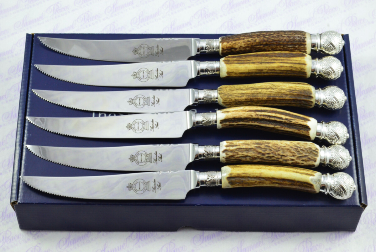 A Set of Six LIMITED EDITION Genuine Stag/Antler Handle Steak Knives Silver Plated Cap & Ferrule Made Sheffield England Boxed