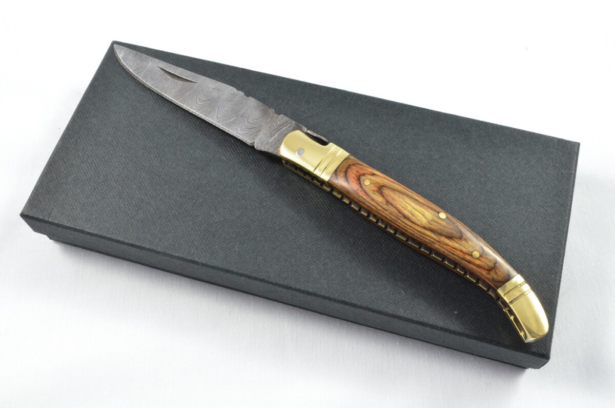 A Brand New Laguiole Style Folding / Pen Knife Brown Laminate Wood Scales - Damascus Steel Blade