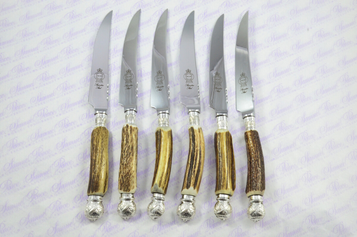 A Set of Six LIMITED EDITION Genuine Stag/Antler Handle Steak Knives Silver Plated Cap & Ferrule Made Sheffield England Boxed - Image 2