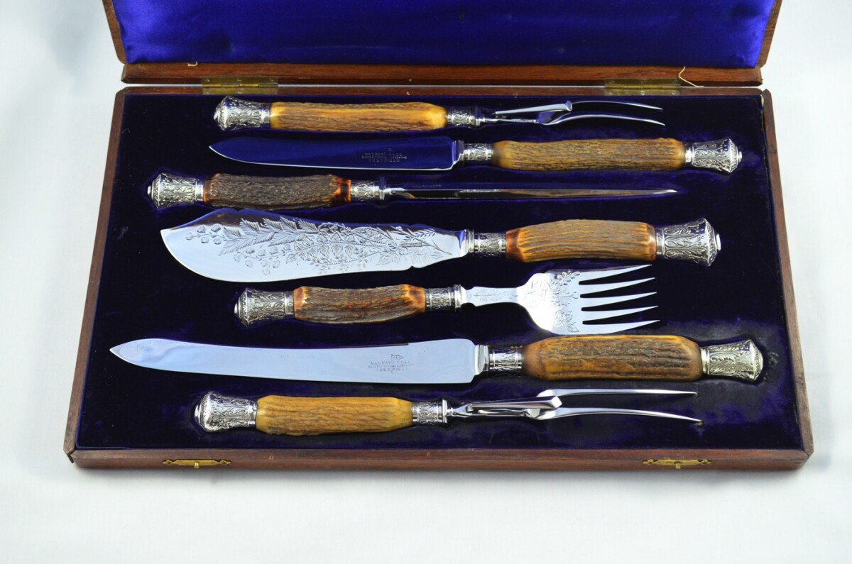 Amazing Mappin & Webb 7 Piece Stag Handled Silver Capped & Ferruled Carving Set Made in Sheffield 1892