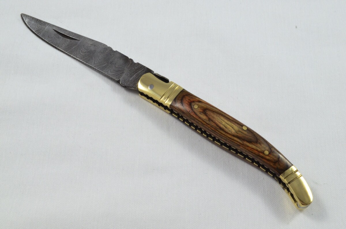 A Brand New Laguiole Style Folding / Pen Knife Brown Laminate Wood Scales - Damascus Steel Blade - Image 3