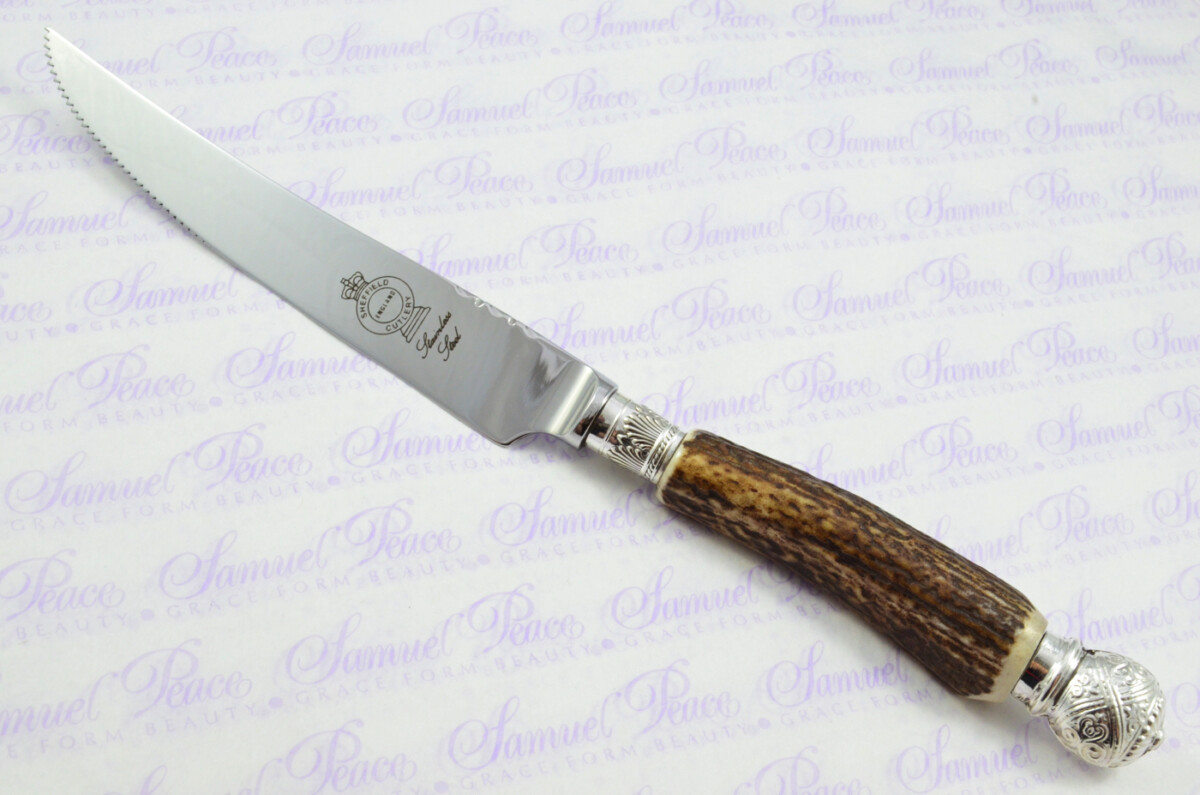 A Set of Six LIMITED EDITION Genuine Stag/Antler Handle Steak Knives Silver Plated Cap & Ferrule Made Sheffield England Boxed - Image 3