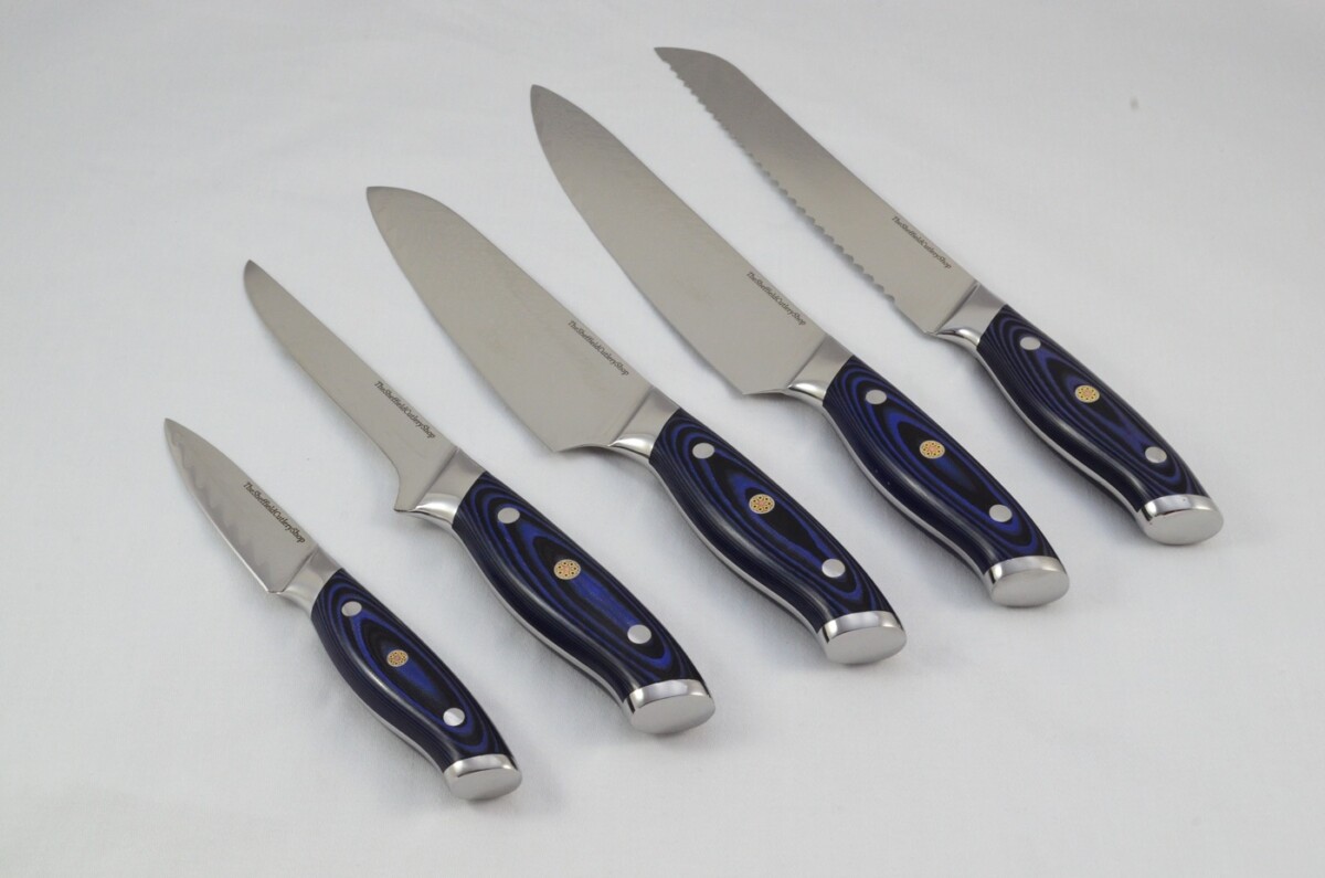 A Set of 5 Damascus Kitchen Chefs Knives Made In Sheffield UK 67 Layer Japanese Steel Razor Sharp