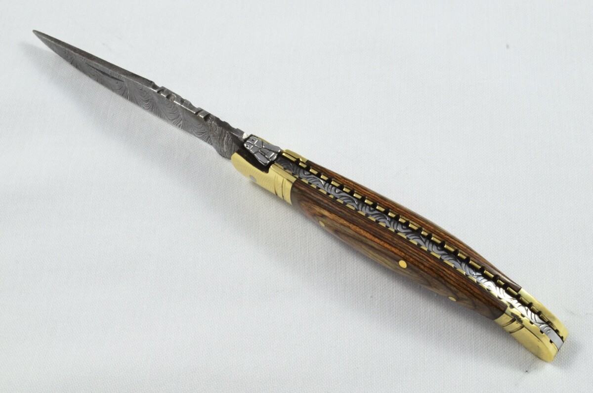 A Brand New Laguiole Style Folding / Pen Knife Brown Laminate Wood Scales - Damascus Steel Blade - Image 8