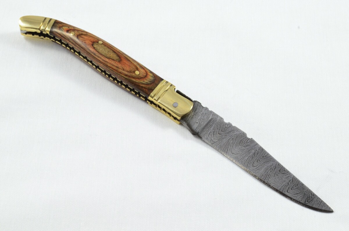 A Brand New Laguiole Style Folding / Pen Knife Brown Laminate Wood Scales - Damascus Steel Blade - Image 7