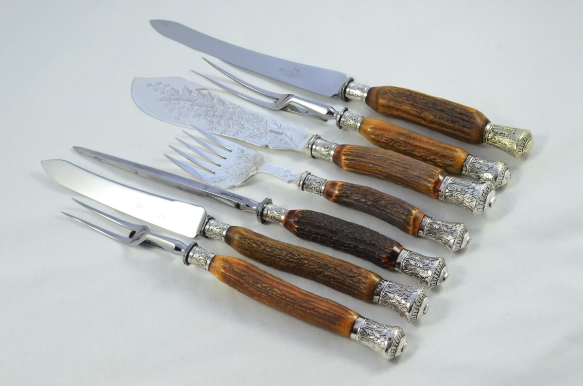 Amazing Mappin & Webb 7 Piece Stag Handled Silver Capped & Ferruled Carving Set Made in Sheffield 1892 - Image 2