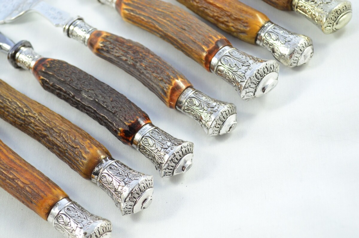 Amazing Mappin & Webb 7 Piece Stag Handled Silver Capped & Ferruled Carving Set Made in Sheffield 1892 - Image 3