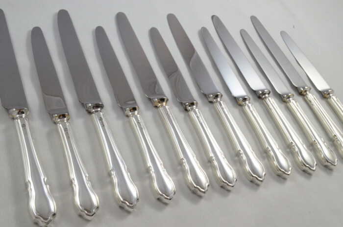 Gorgeous Antique Set of 6 Table & 6 Dessert Sterling Silver Knives Dubarry Pattern 1966 - Image 2