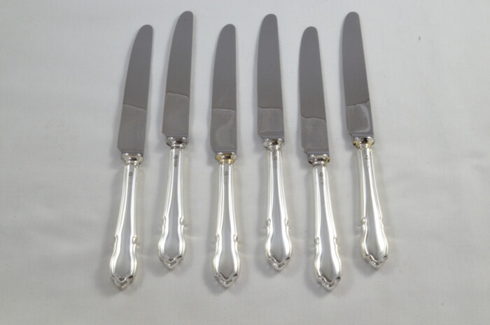 Gorgeous Antique Set of 6 Table & 6 Dessert Sterling Silver Knives Dubarry Pattern 1966 - Image 5