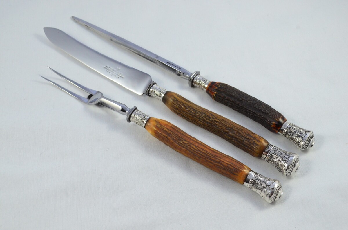 Amazing Mappin & Webb 7 Piece Stag Handled Silver Capped & Ferruled Carving Set Made in Sheffield 1892 - Image 5