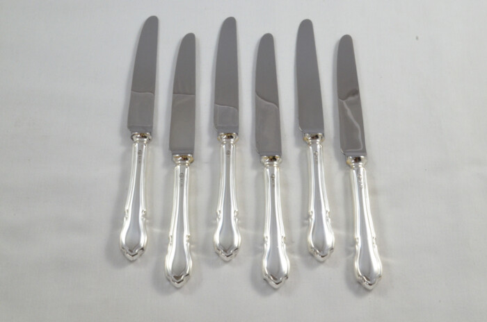 Gorgeous Antique Set of 6 Table & 6 Dessert Sterling Silver Knives Dubarry Pattern 1966 - Image 4