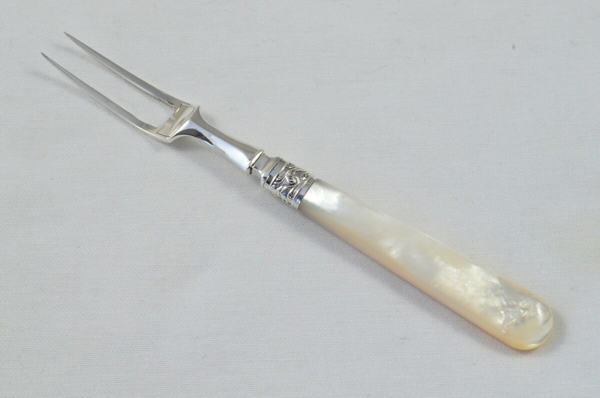 Boxed Mappin & Webb Solid Silver & Silver Ferruled Mother Of Pearl Handled Olive Fork Sheffield 1912 - Image 2