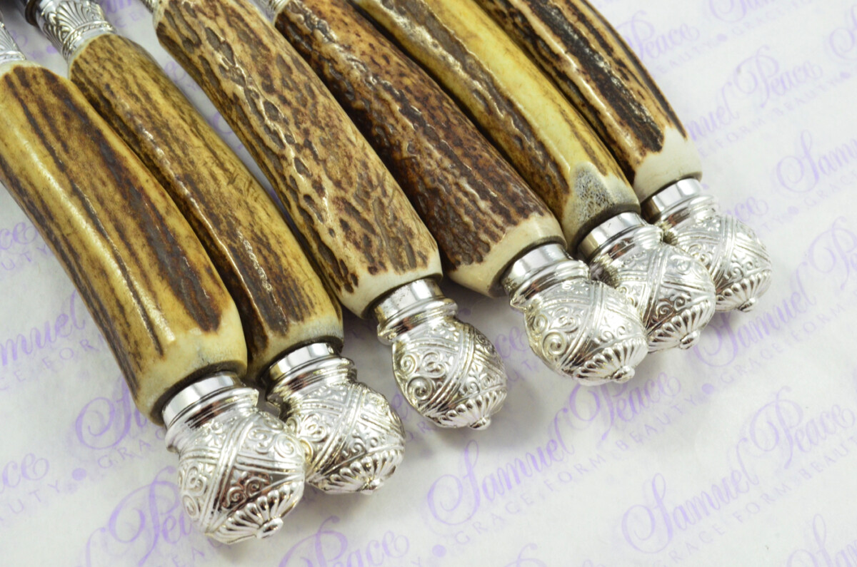 A Set of Six LIMITED EDITION Genuine Stag/Antler Handle Steak Knives Silver Plated Cap & Ferrule Made Sheffield England Boxed - Image 11