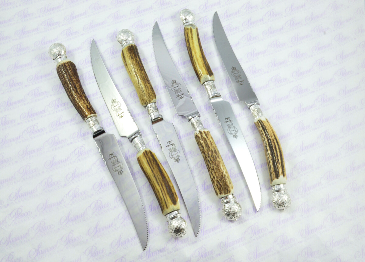 A Set of Six LIMITED EDITION Genuine Stag/Antler Handle Steak Knives Silver Plated Cap & Ferrule Made Sheffield England Boxed - Image 12