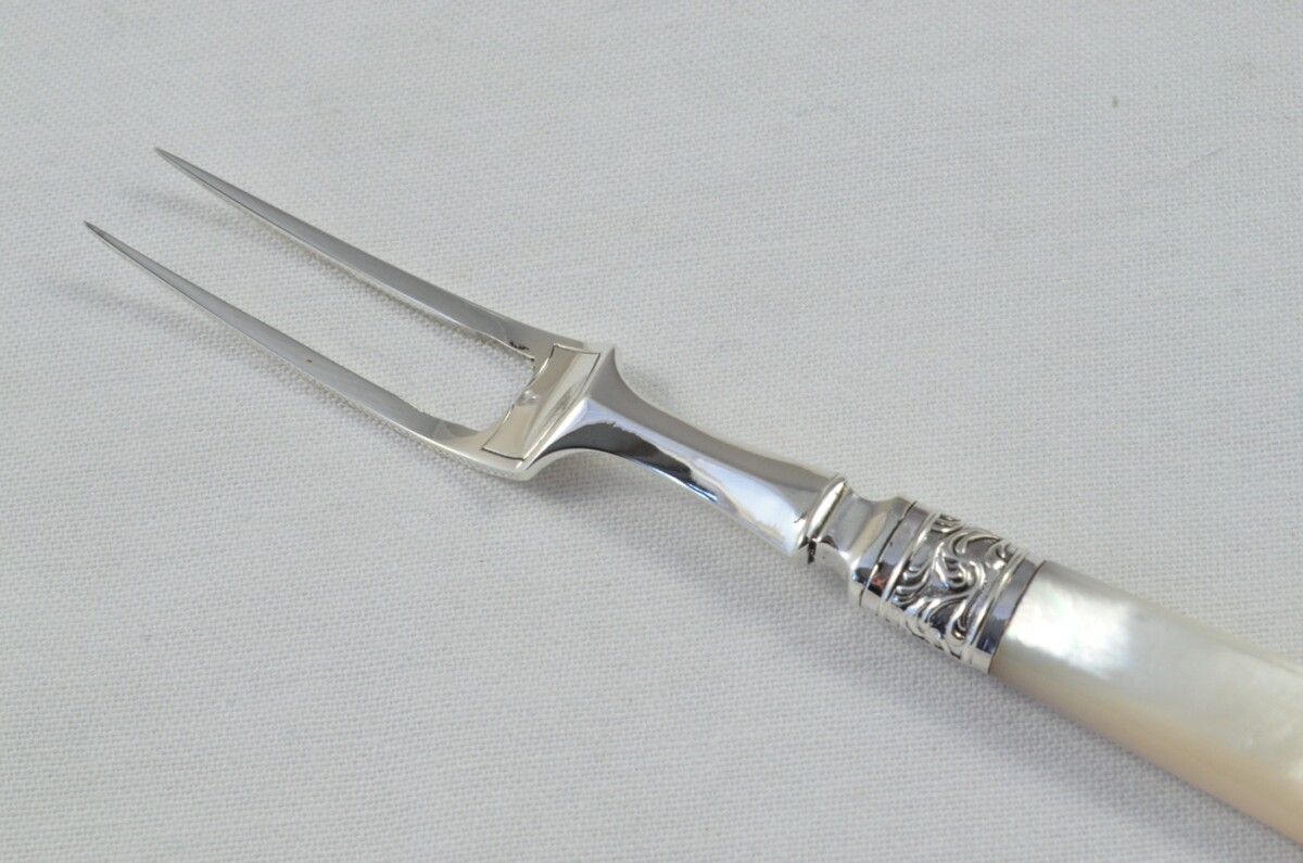 Boxed Mappin & Webb Solid Silver & Silver Ferruled Mother Of Pearl Handled Olive Fork Sheffield 1912 - Image 4